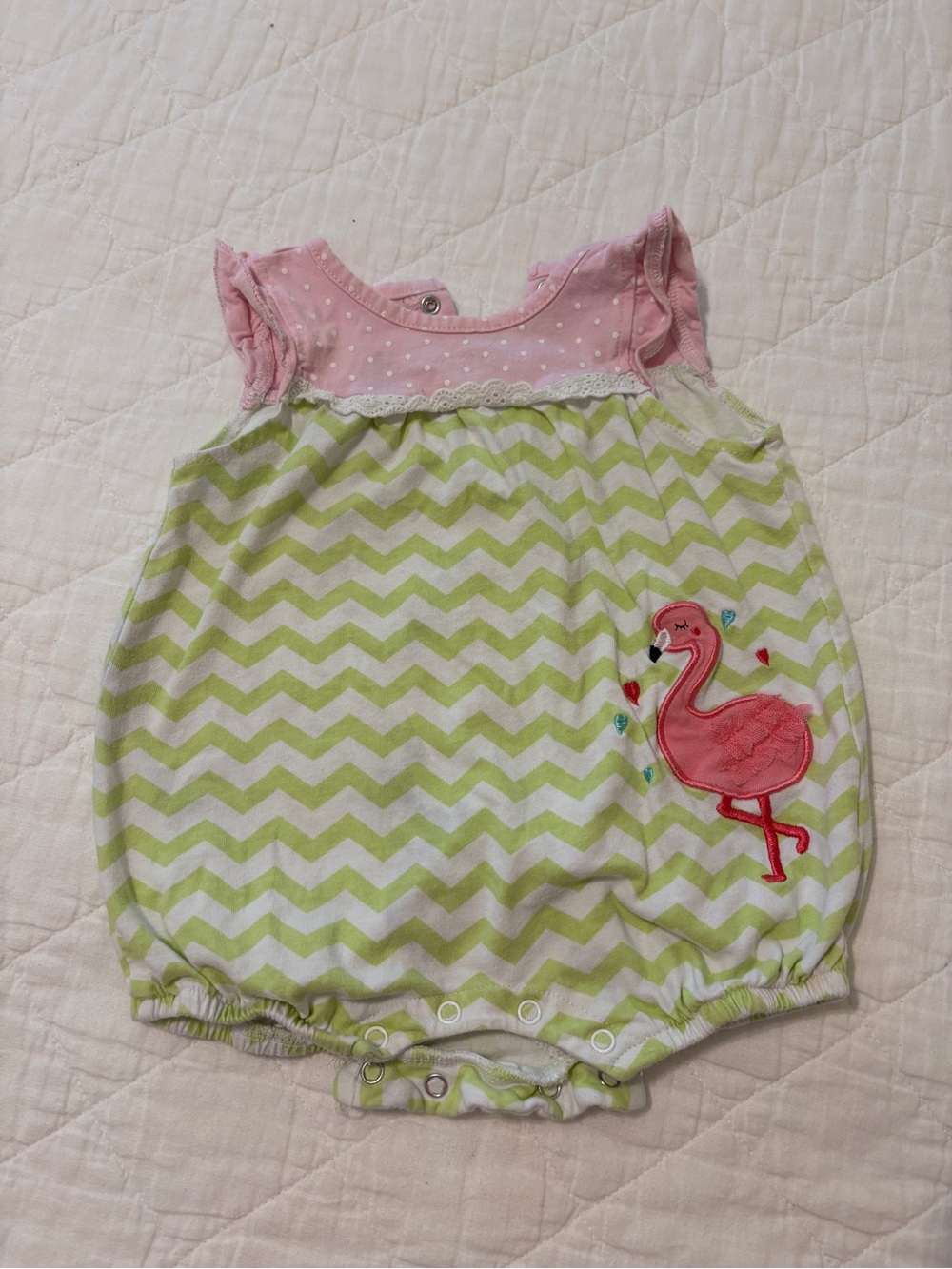 Pink & Lime Chevron Baby Romper with Flamingo
